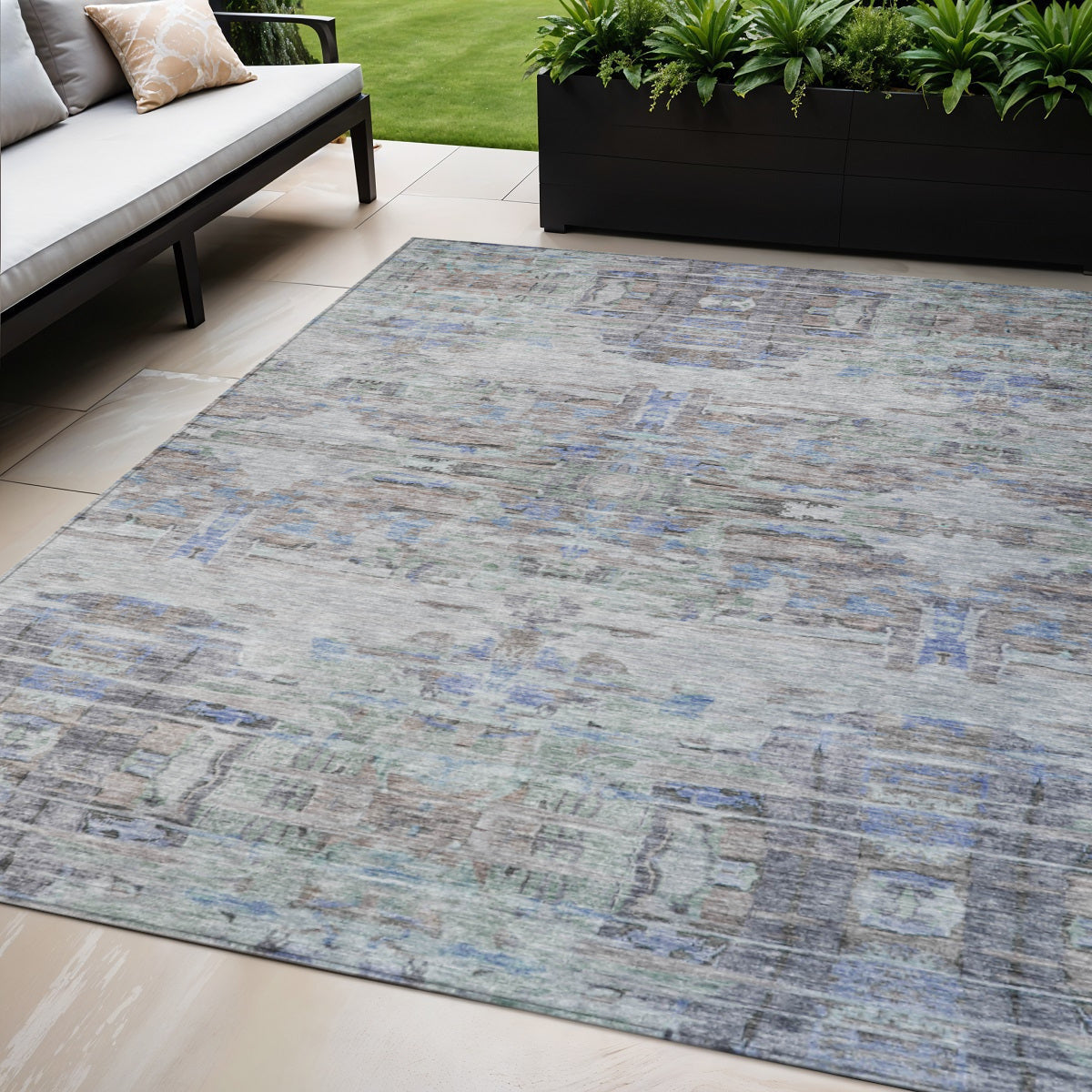 5' X 8' Taupe Blue And Green Abstract Washable Indoor Outdoor Area Rug