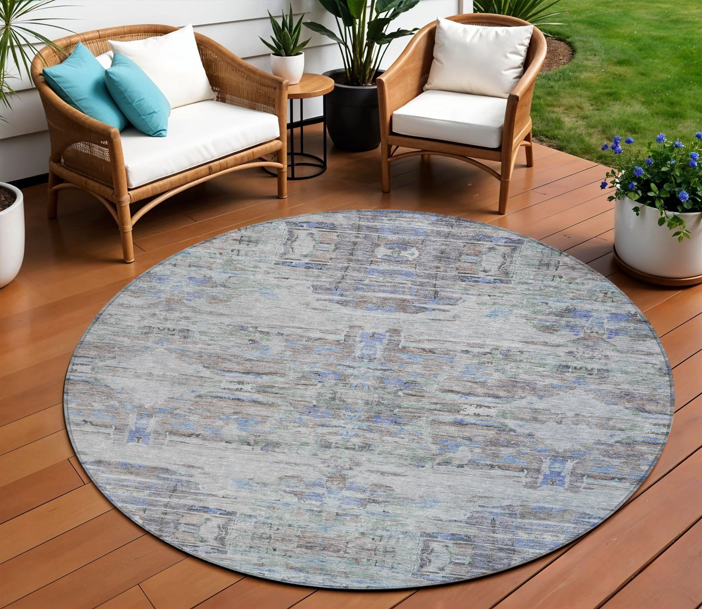8' Taupe Blue And Green Round Abstract Washable Indoor Outdoor Area Rug