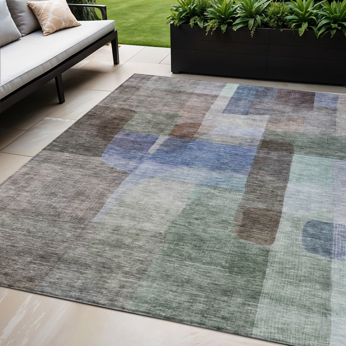 5' X 8' Brown Green And Blue Abstract Washable Indoor Outdoor Area Rug