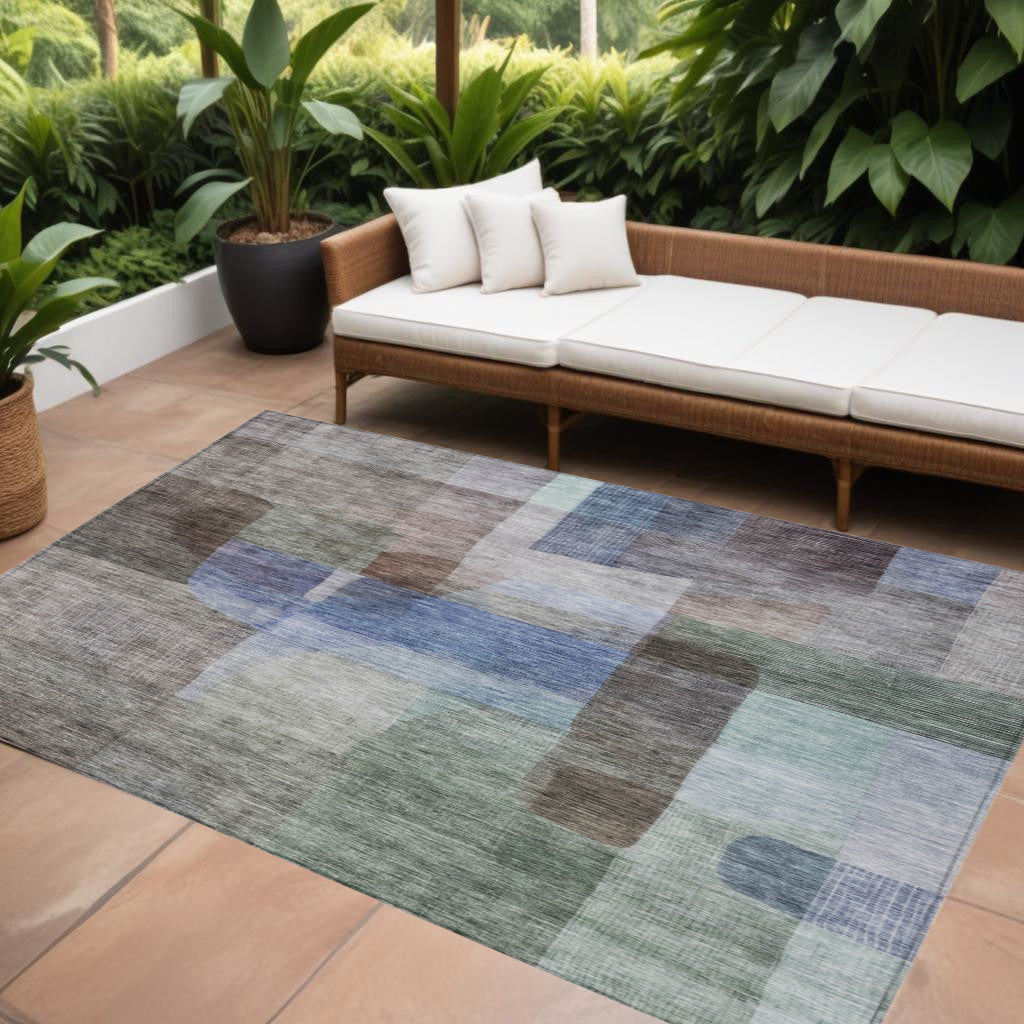 10' X 14' Brown Green And Blue Abstract Washable Indoor Outdoor Area Rug