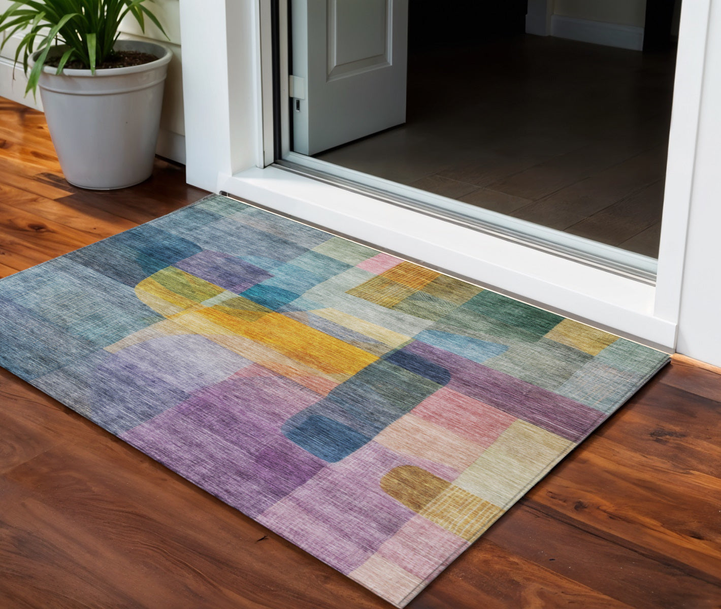 3' X 5' Blue Green And Purple Abstract Washable Indoor Outdoor Area Rug