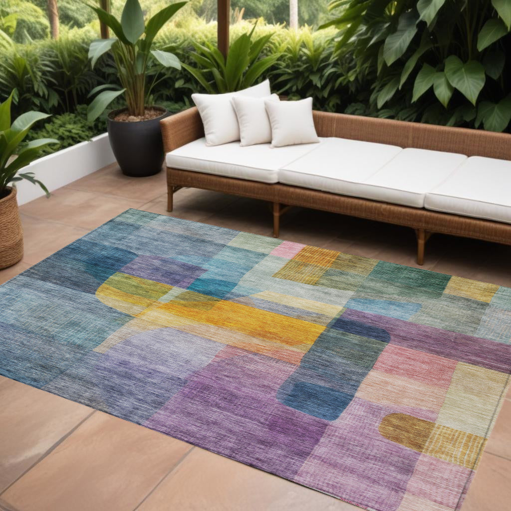 10' X 14' Blue Green And Purple Abstract Washable Indoor Outdoor Area Rug