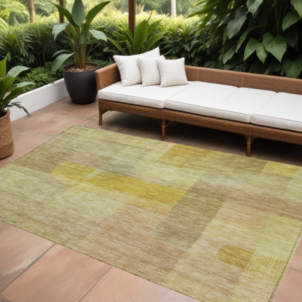 10' X 14' Gold Green And Brown Abstract Washable Indoor Outdoor Area Rug