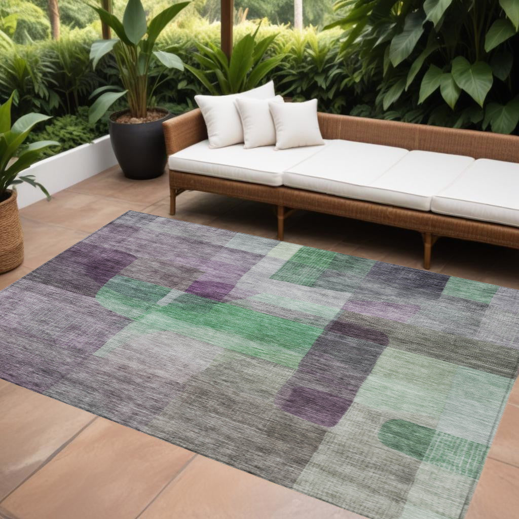 9' X 12' Purple Gray And Green Abstract Washable Indoor Outdoor Area Rug