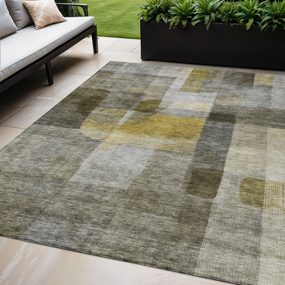 5' X 8' Taupe Gray And Green Abstract Washable Indoor Outdoor Area Rug