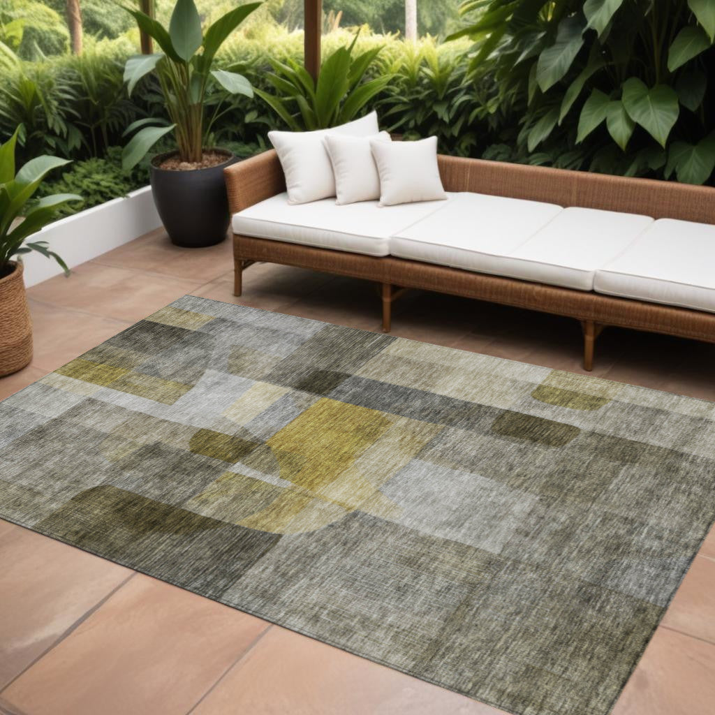 9' X 12' Taupe Gray And Green Abstract Washable Indoor Outdoor Area Rug
