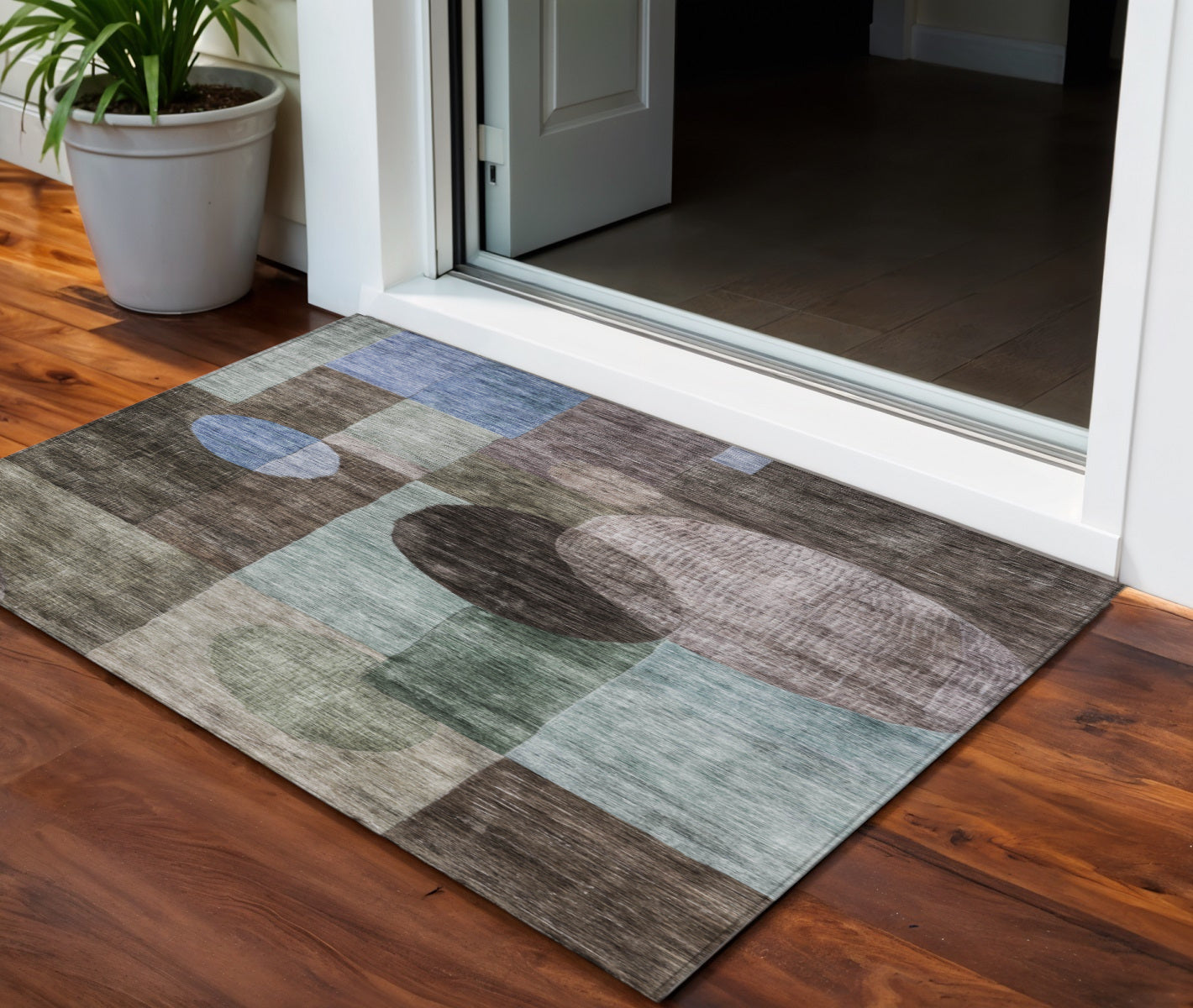 3' X 5' Brown Blue And Green Geometric Washable Indoor Outdoor Area Rug