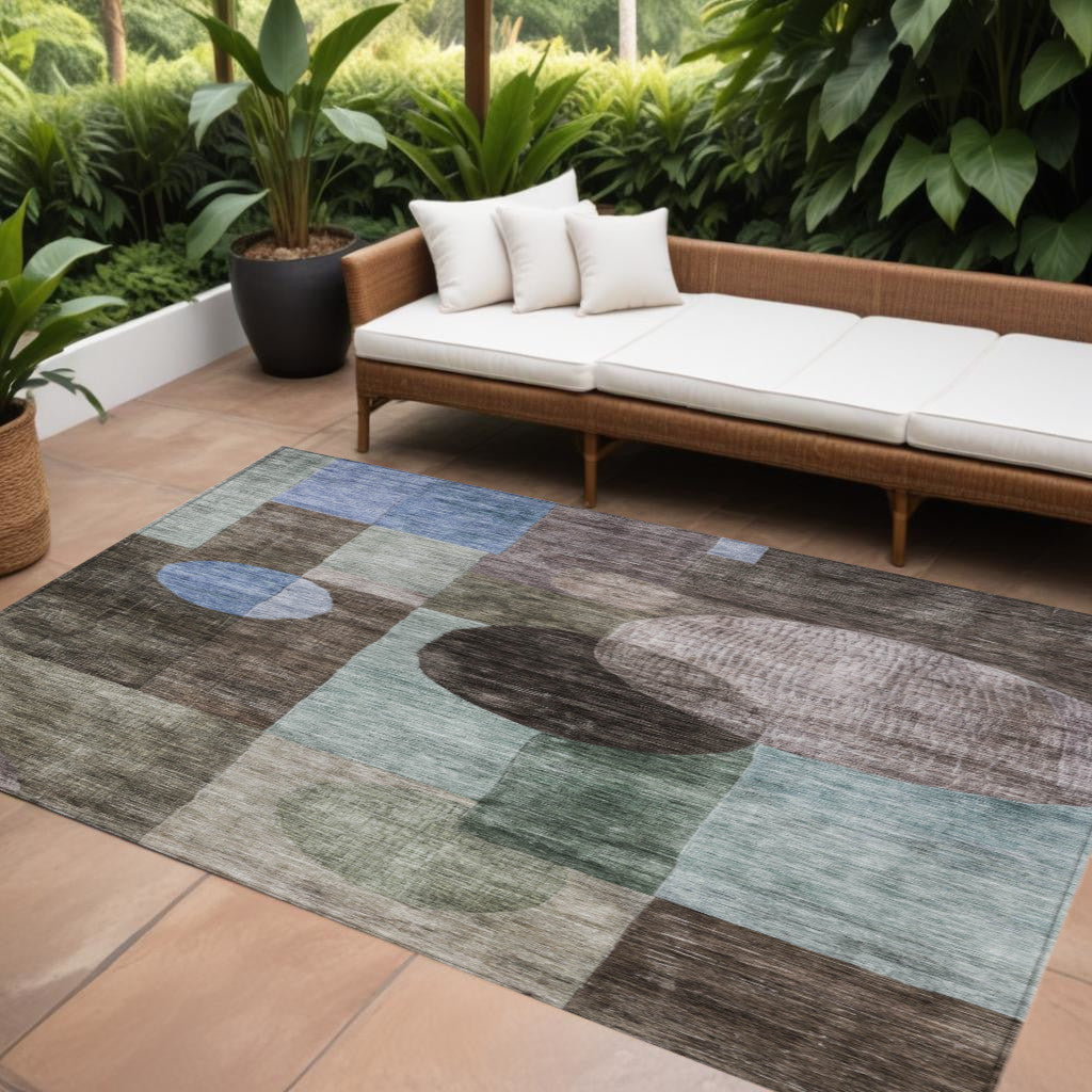9' X 12' Brown Blue And Green Geometric Washable Indoor Outdoor Area Rug