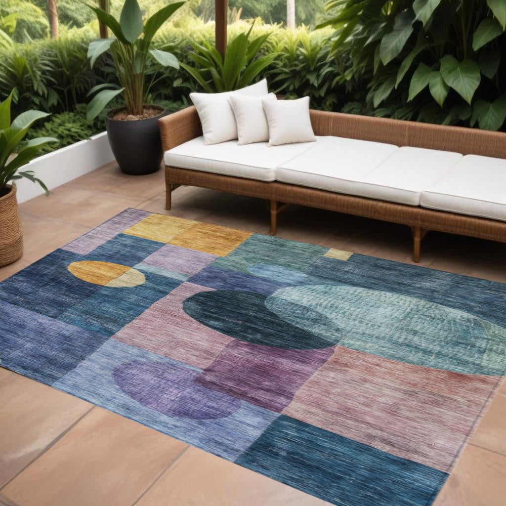 10' X 14' Blue Green And Copper Geometric Washable Indoor Outdoor Area Rug