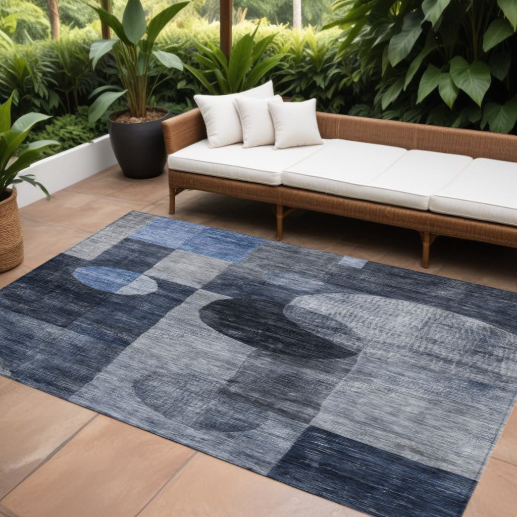 9' X 12' Navy Blue Gray And Charcoal Geometric Washable Indoor Outdoor Area Rug