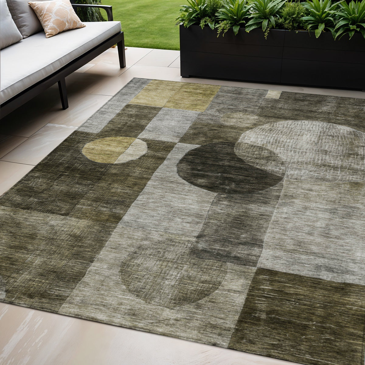 5' X 8' Taupe Gray And Charcoal Geometric Washable Indoor Outdoor Area Rug