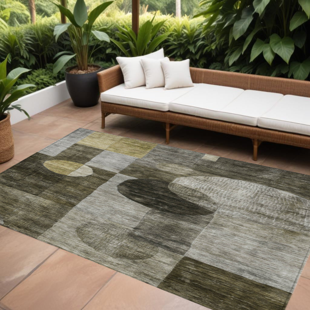 10' X 14' Taupe Gray And Charcoal Geometric Washable Indoor Outdoor Area Rug