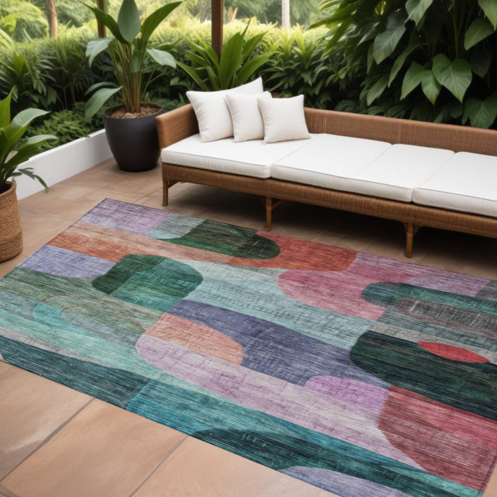 9' X 12' Green Purple And Blue Abstract Washable Indoor Outdoor Area Rug