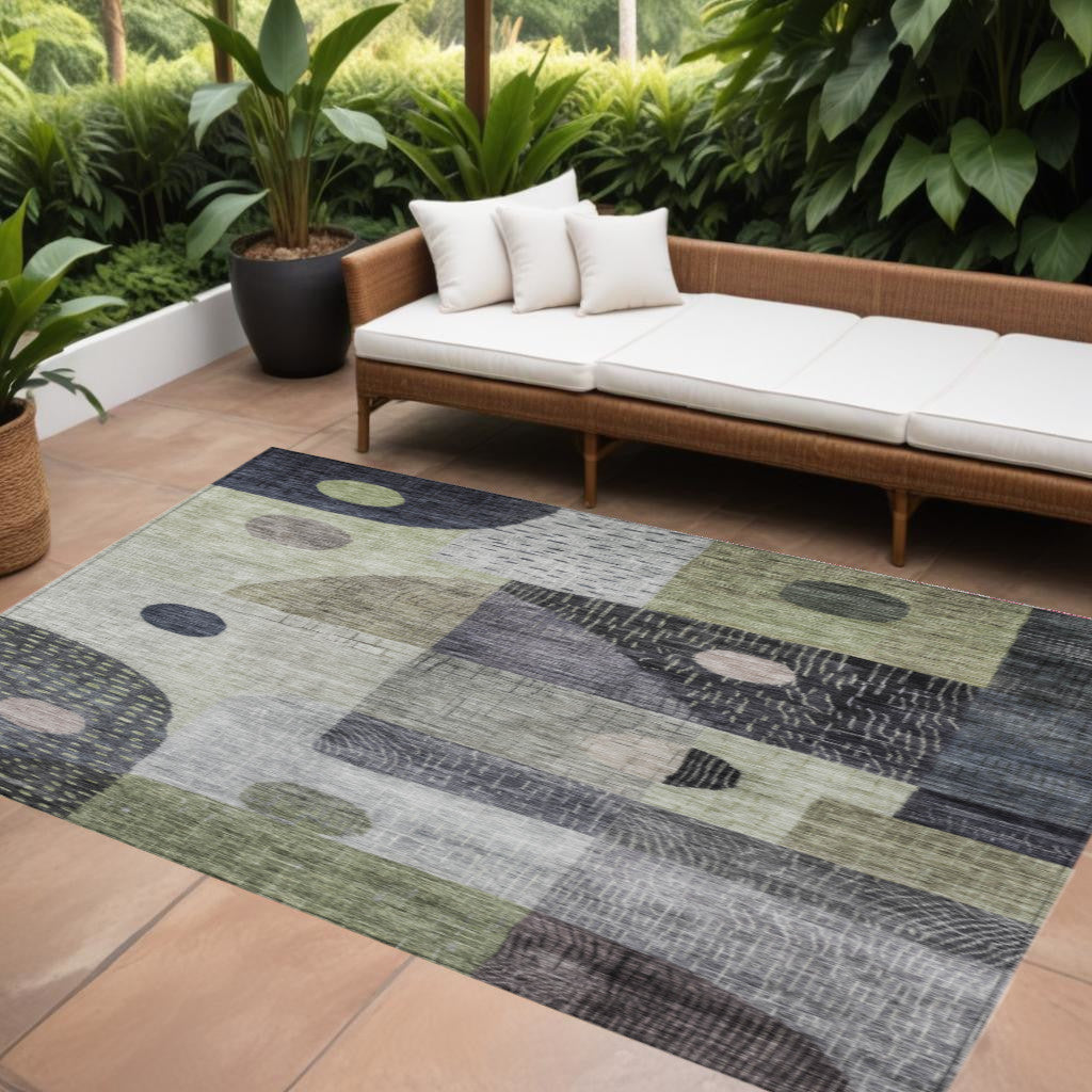 10' X 14' Artichoke Green Gray And Charcoal Geometric Washable Indoor Outdoor Area Rug