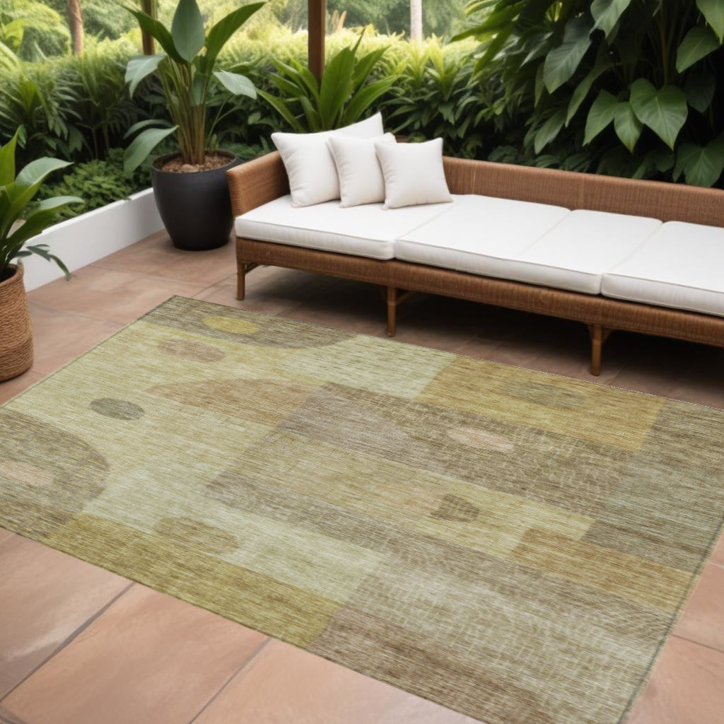 10' X 14' Beige Brown And Light Green Geometric Washable Indoor Outdoor Area Rug