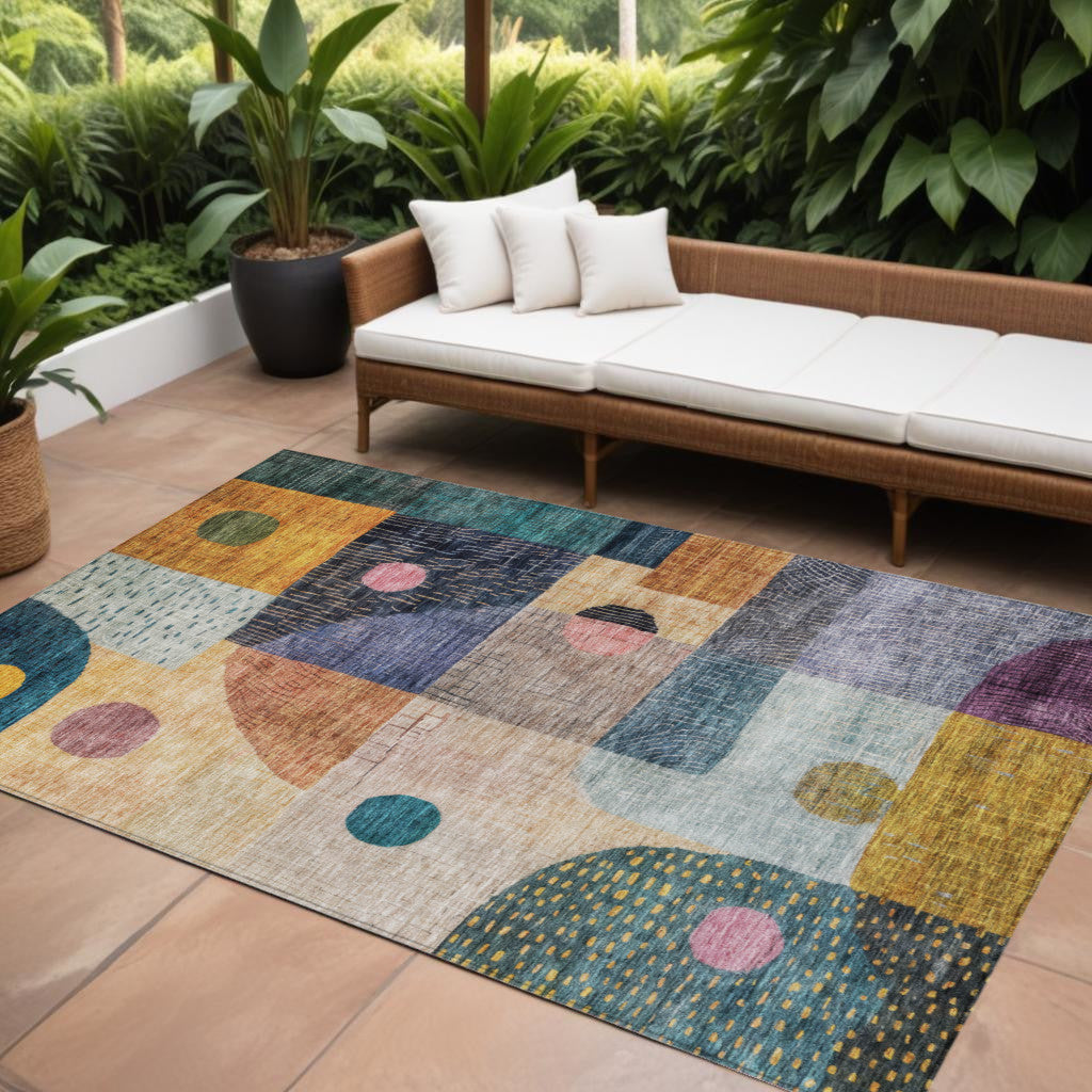 9' X 12' Green Purple And Blue Geometric Washable Indoor Outdoor Area Rug