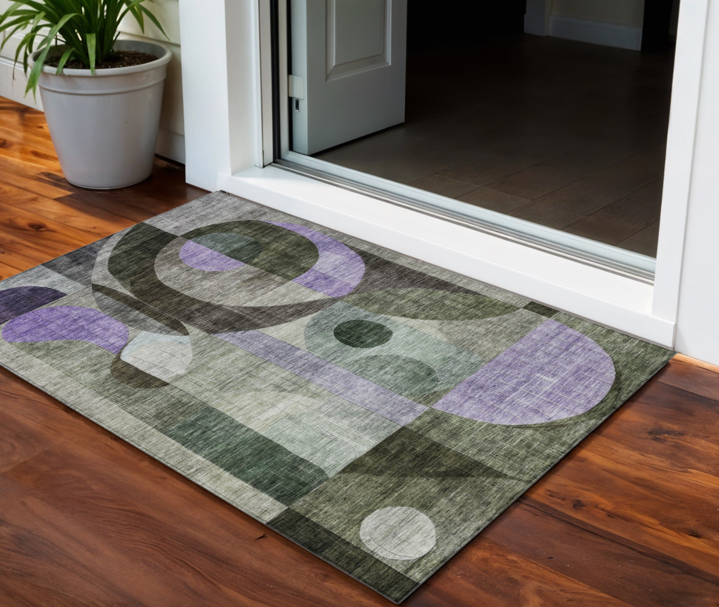 3' X 5' Olive Green Purple And Gray Geometric Washable Indoor Outdoor Area Rug