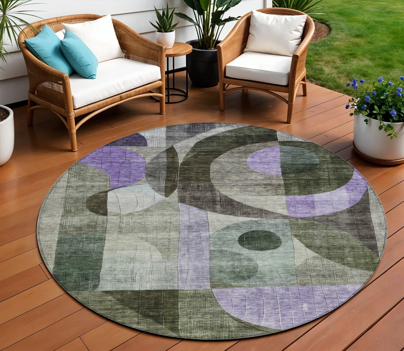8' Olive Green Purple And Gray Round Geometric Washable Indoor Outdoor Area Rug