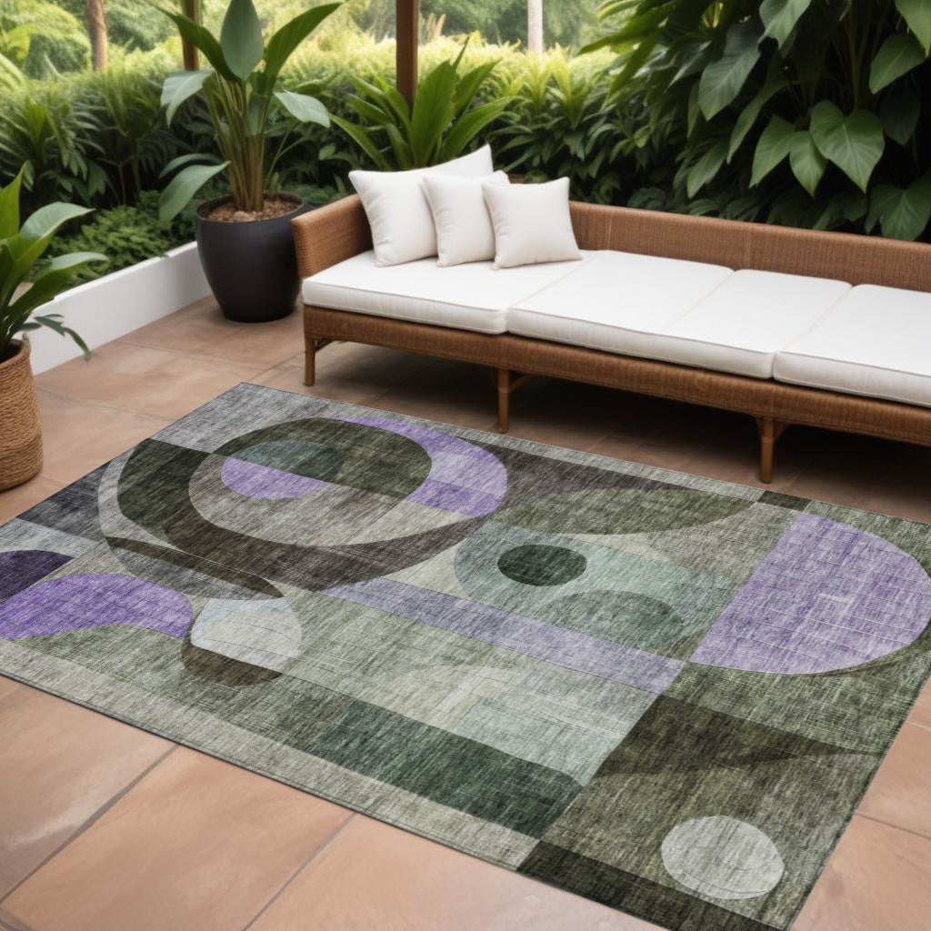 9' X 12' Olive Green Purple And Gray Geometric Washable Indoor Outdoor Area Rug