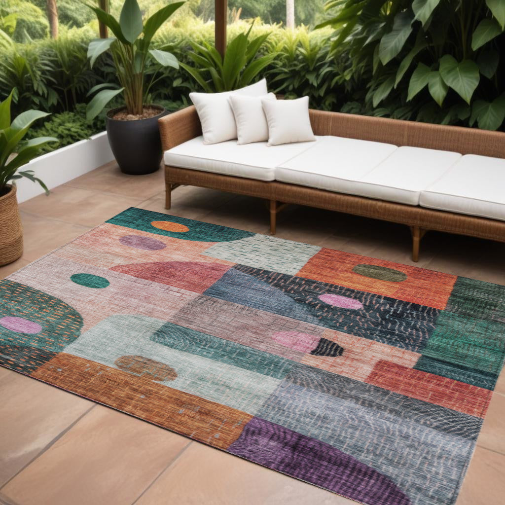 9' X 12' Orange Purple And Green Geometric Washable Indoor Outdoor Area Rug