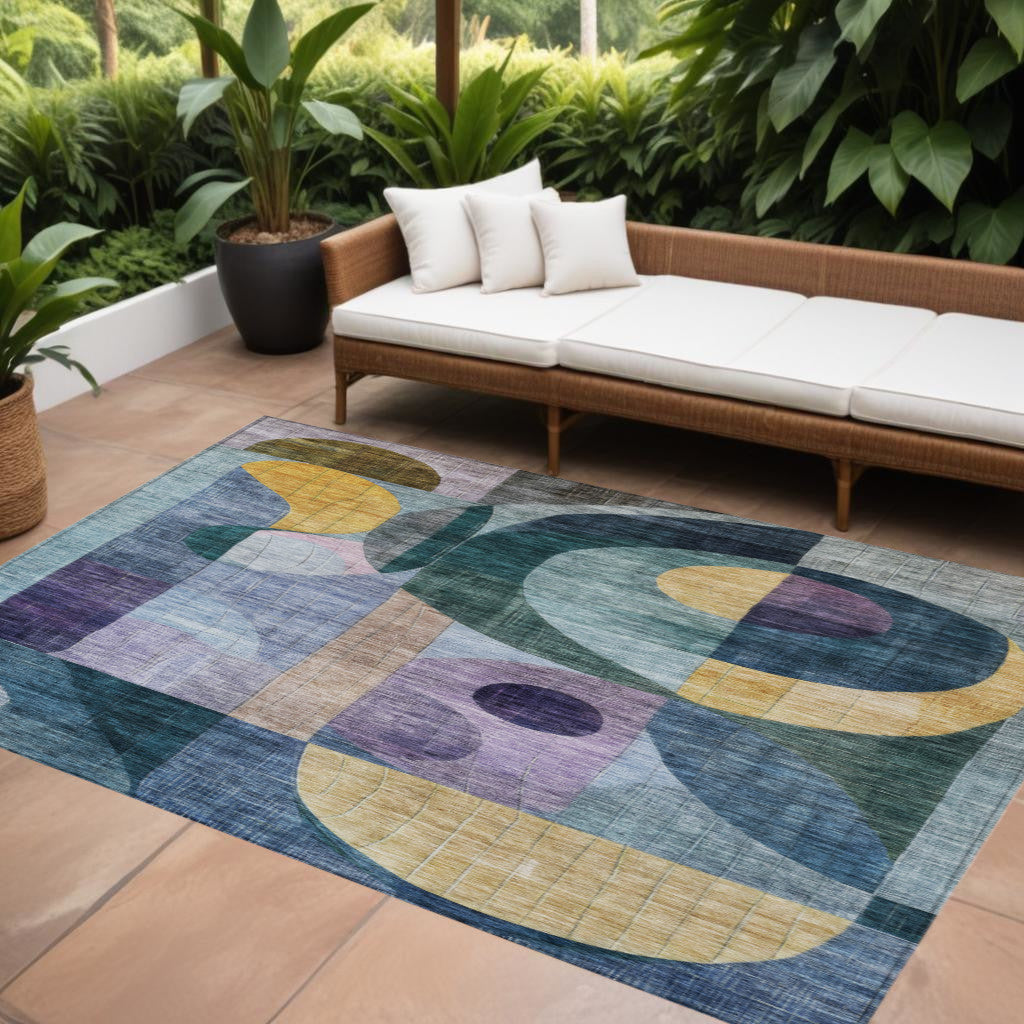10' X 14' Blue Purple And Copper Abstract Washable Indoor Outdoor Area Rug