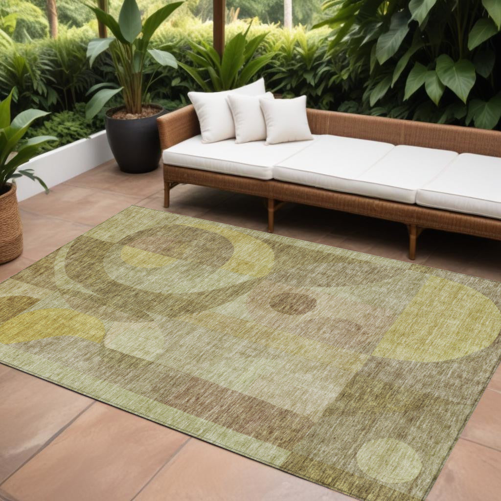 9' X 12' Wheat And Brown Abstract Washable Indoor Outdoor Area Rug
