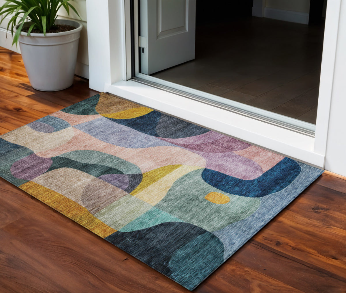 3' X 5' Green Purple And Pink Abstract Washable Indoor Outdoor Area Rug