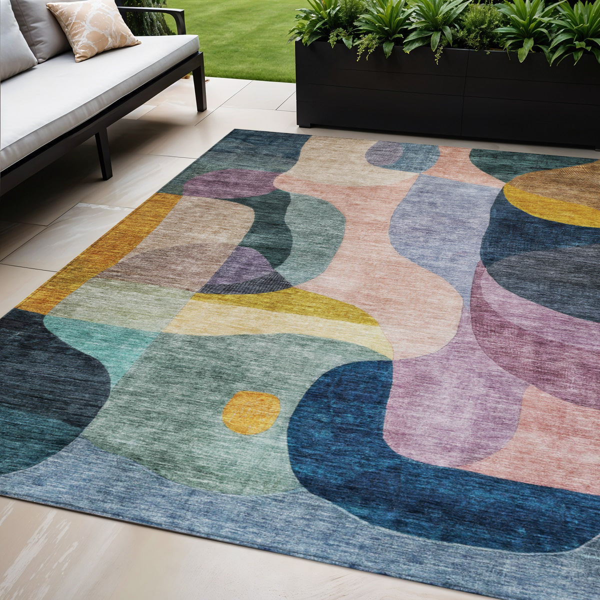 5' X 8' Green Purple And Pink Abstract Washable Indoor Outdoor Area Rug