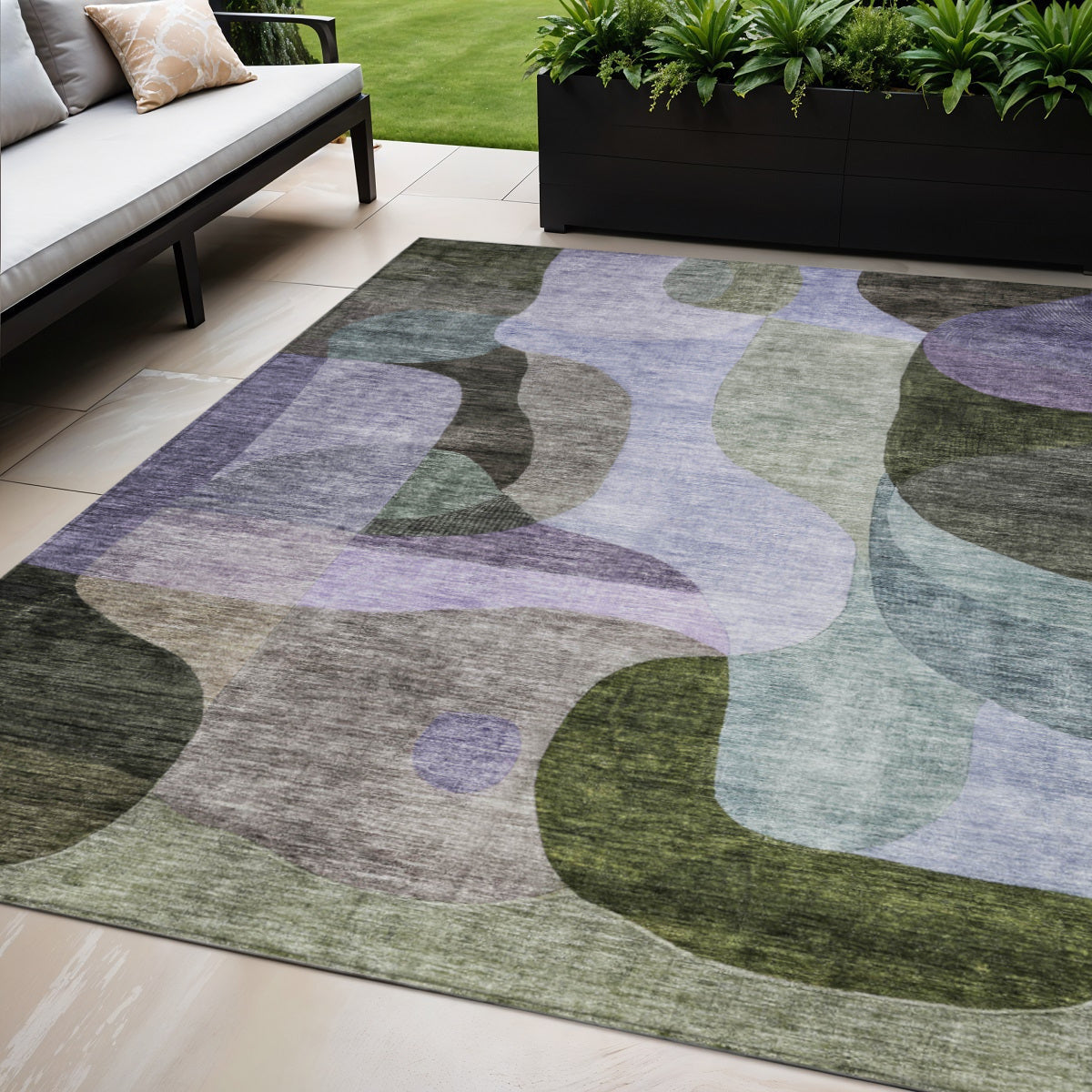 5' X 8' Olive Green Purple And Charcoal Abstract Washable Indoor Outdoor Area Rug