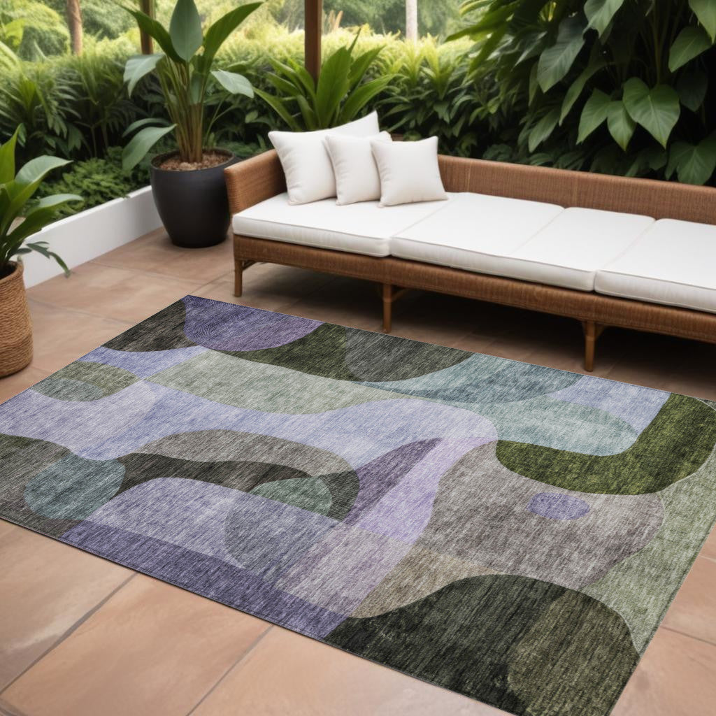 9' X 12' Olive Green Purple And Charcoal Abstract Washable Indoor Outdoor Area Rug