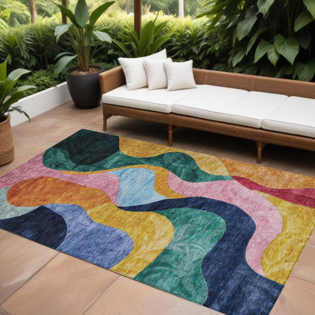 9' X 12' Green Orange And Pink Abstract Washable Indoor Outdoor Area Rug