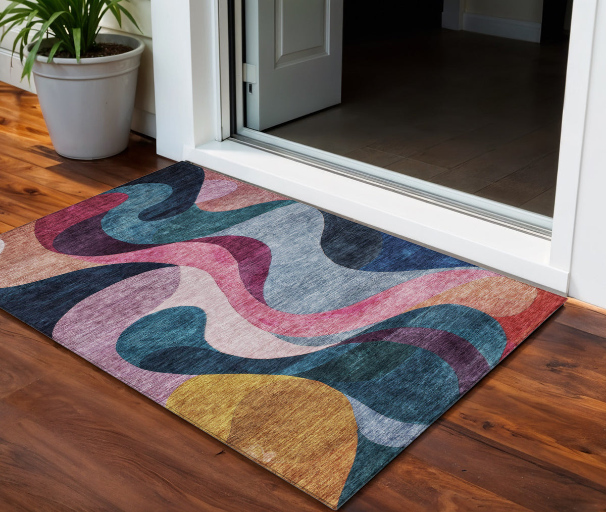 3' X 5' Green Pink And Gray Abstract Washable Indoor Outdoor Area Rug