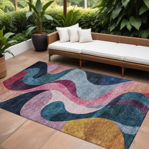 10' X 14' Green Pink And Teal Blue Abstract Washable Indoor Outdoor Area Rug