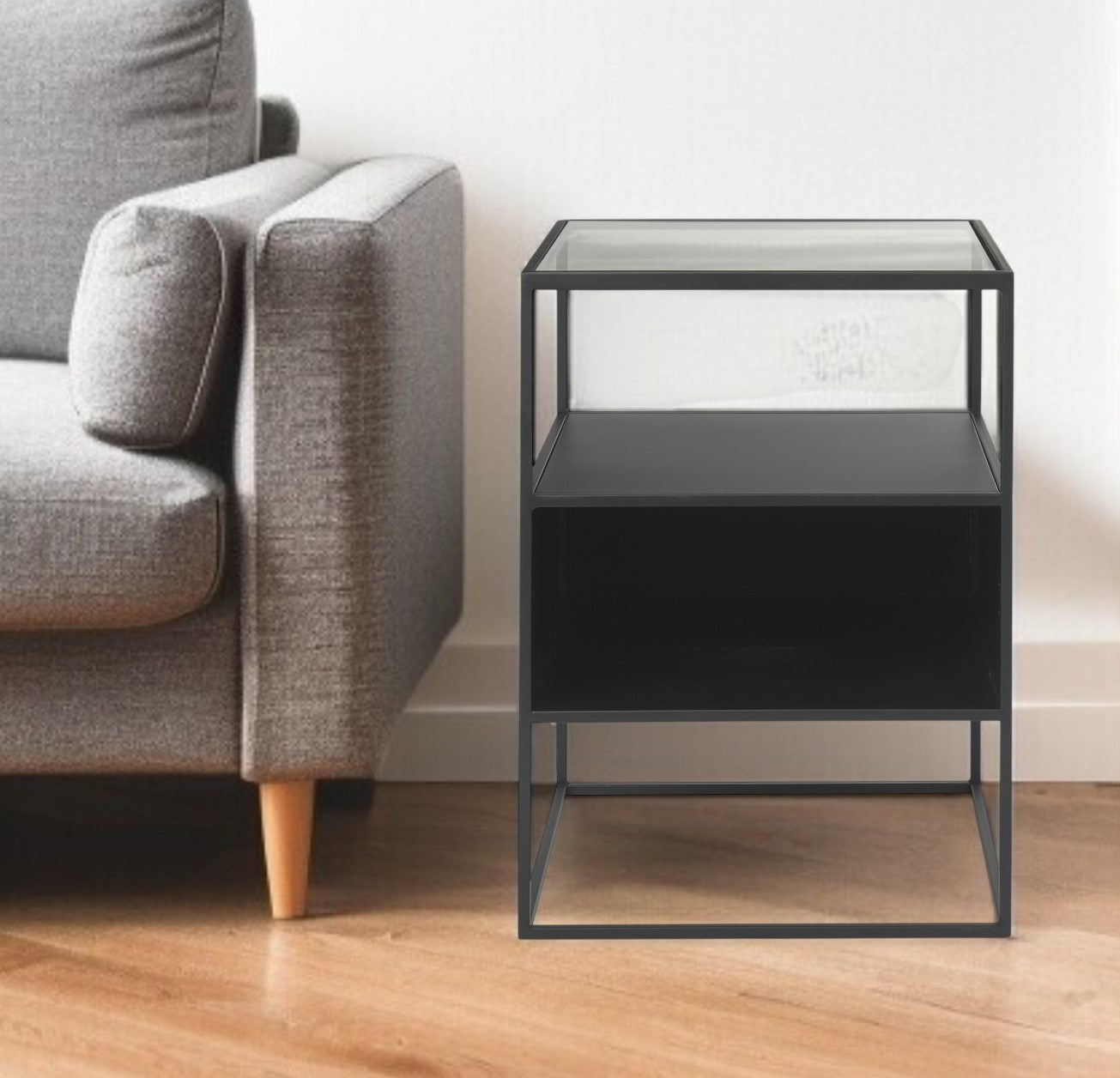21'' Clear and Black Glass and Metal Square Frame End Table With Two Shelves