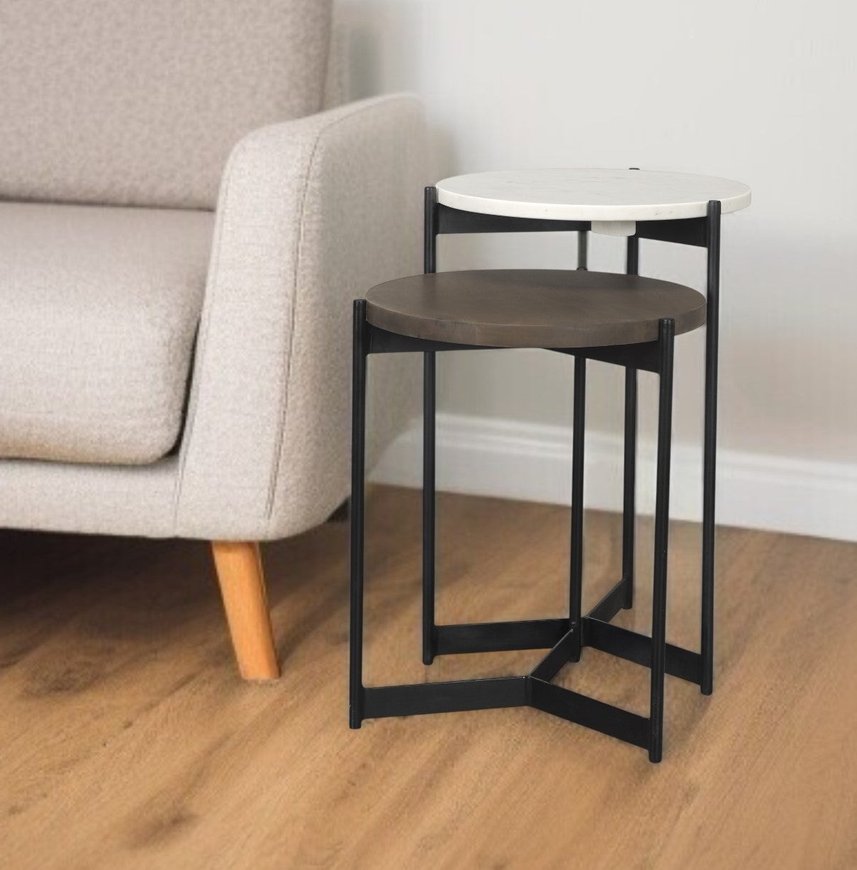 Set of Two Brown White and Black Marble Solid Wood and Metal Round Nested Tables