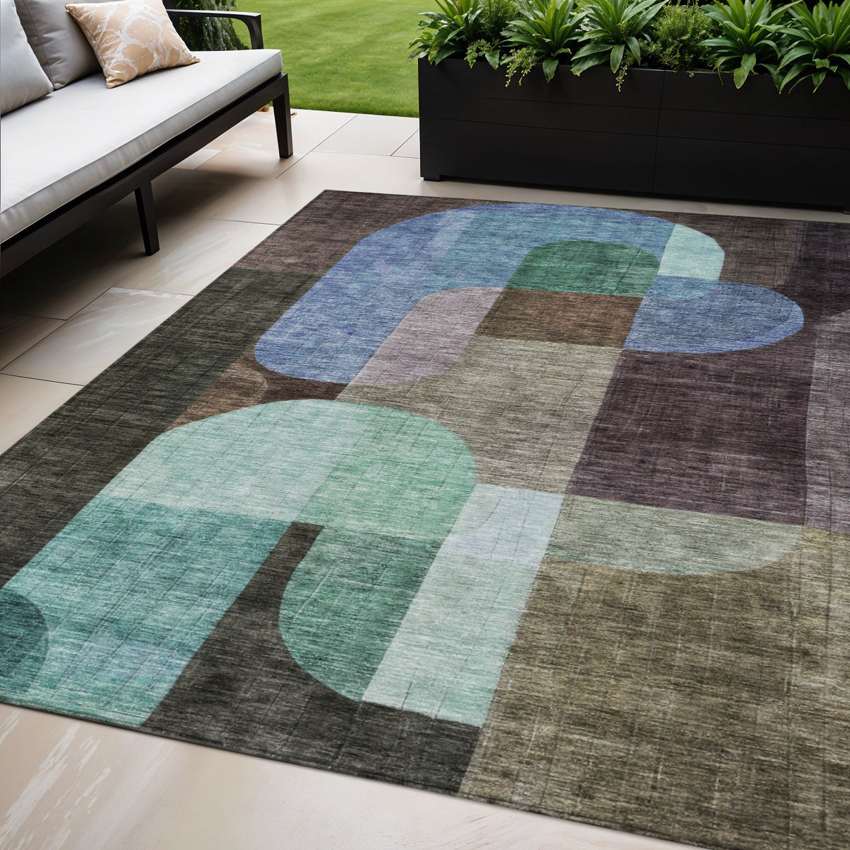 5' X 8' Brown Blue And Green Abstract Washable Indoor Outdoor Area Rug