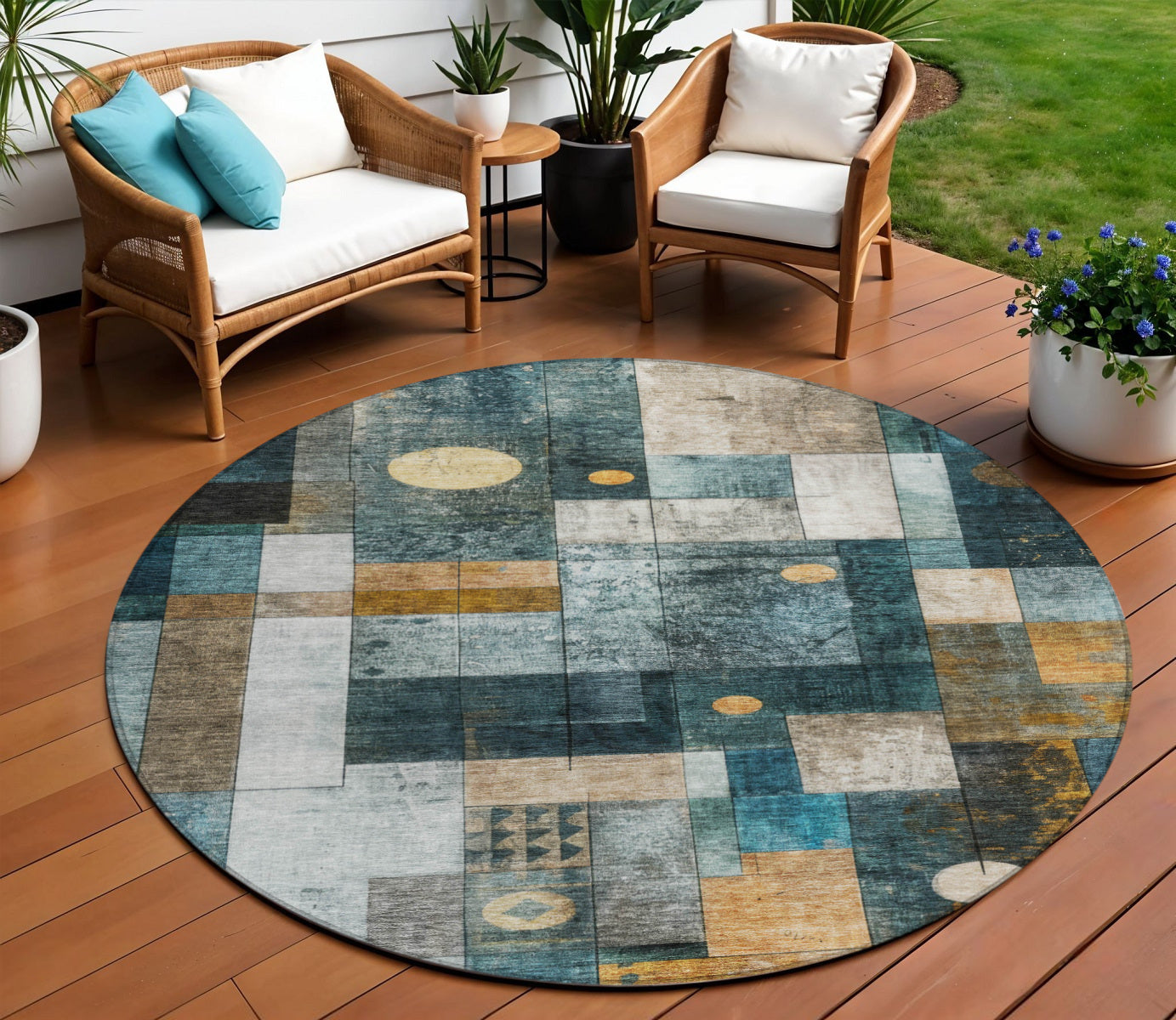 8' Teal Blue Gray And Gold Round Geometric Washable Indoor Outdoor Area Rug