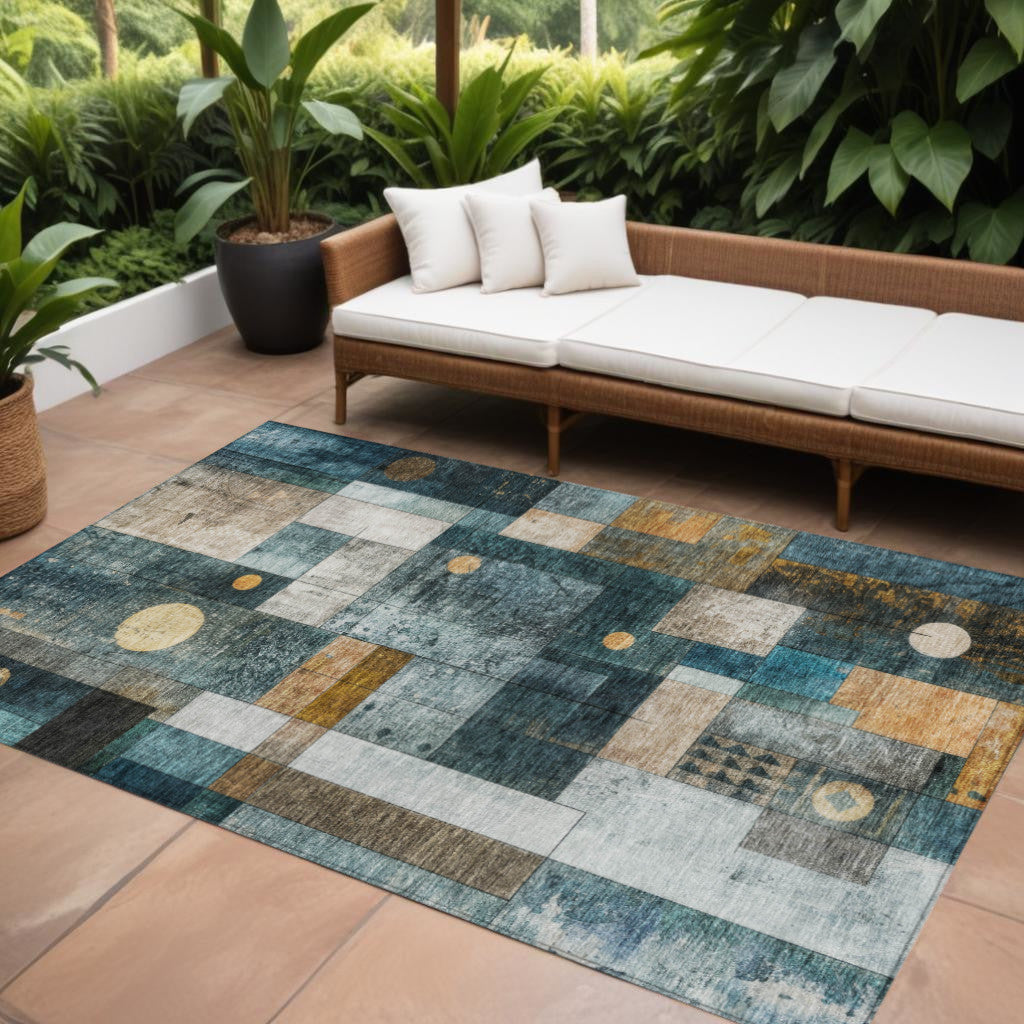 9' X 12' Teal Blue Gray And Gold Geometric Washable Indoor Outdoor Area Rug