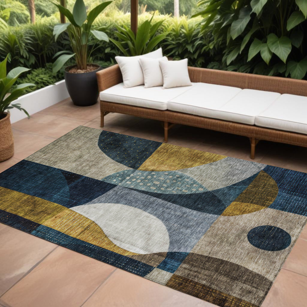 10' X 14' Blue Gold And Gray Abstract Washable Indoor Outdoor Area Rug