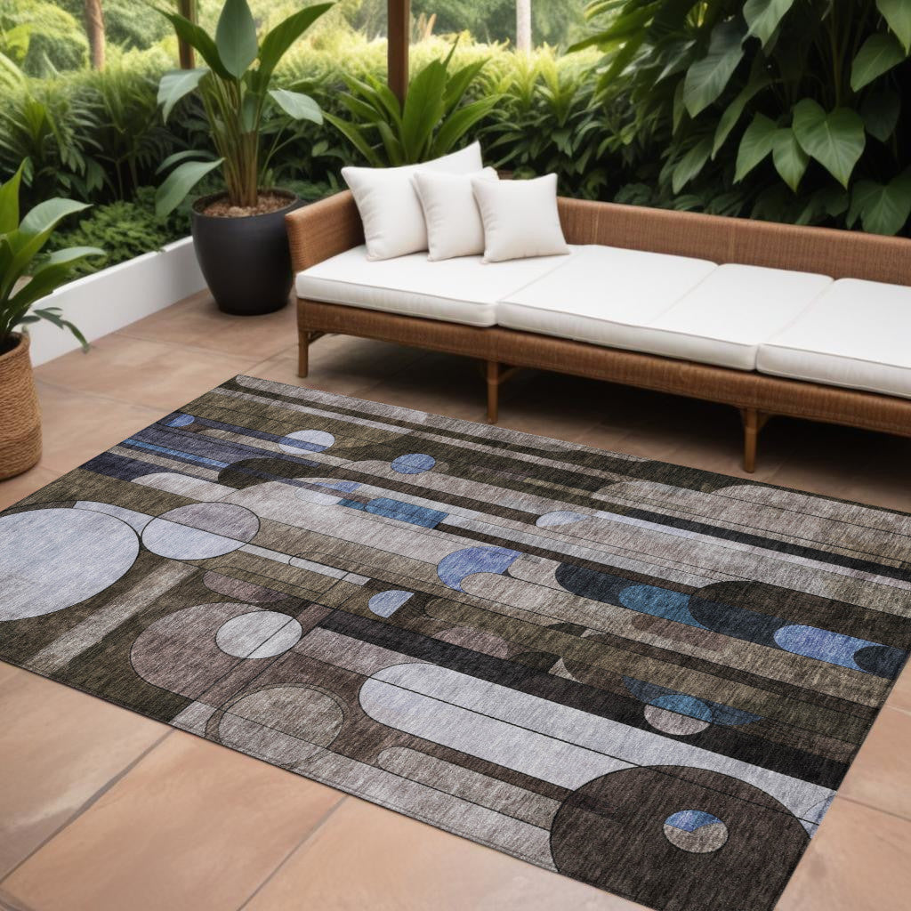 9' X 12' Brown Gray And Blue Geometric Washable Indoor Outdoor Area Rug