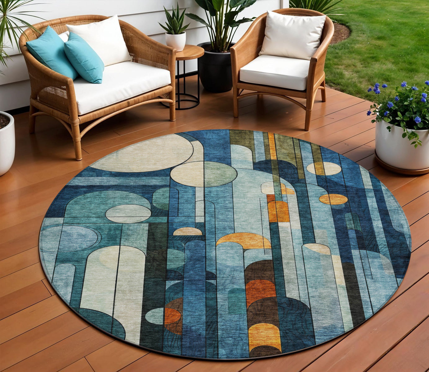 8' Blue Ivory And Copper Round Geometric Washable Indoor Outdoor Area Rug