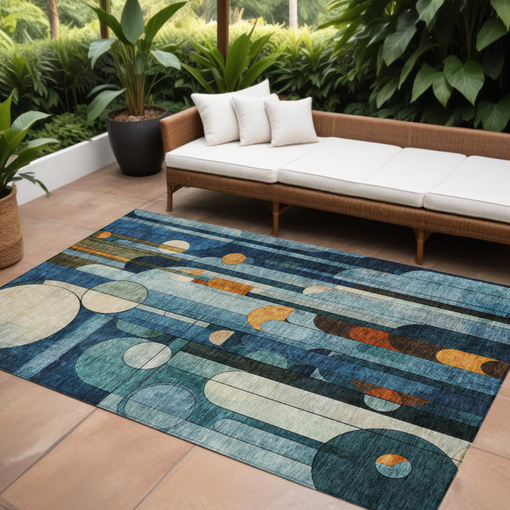 9' X 12' Blue Ivory And Copper Geometric Washable Indoor Outdoor Area Rug