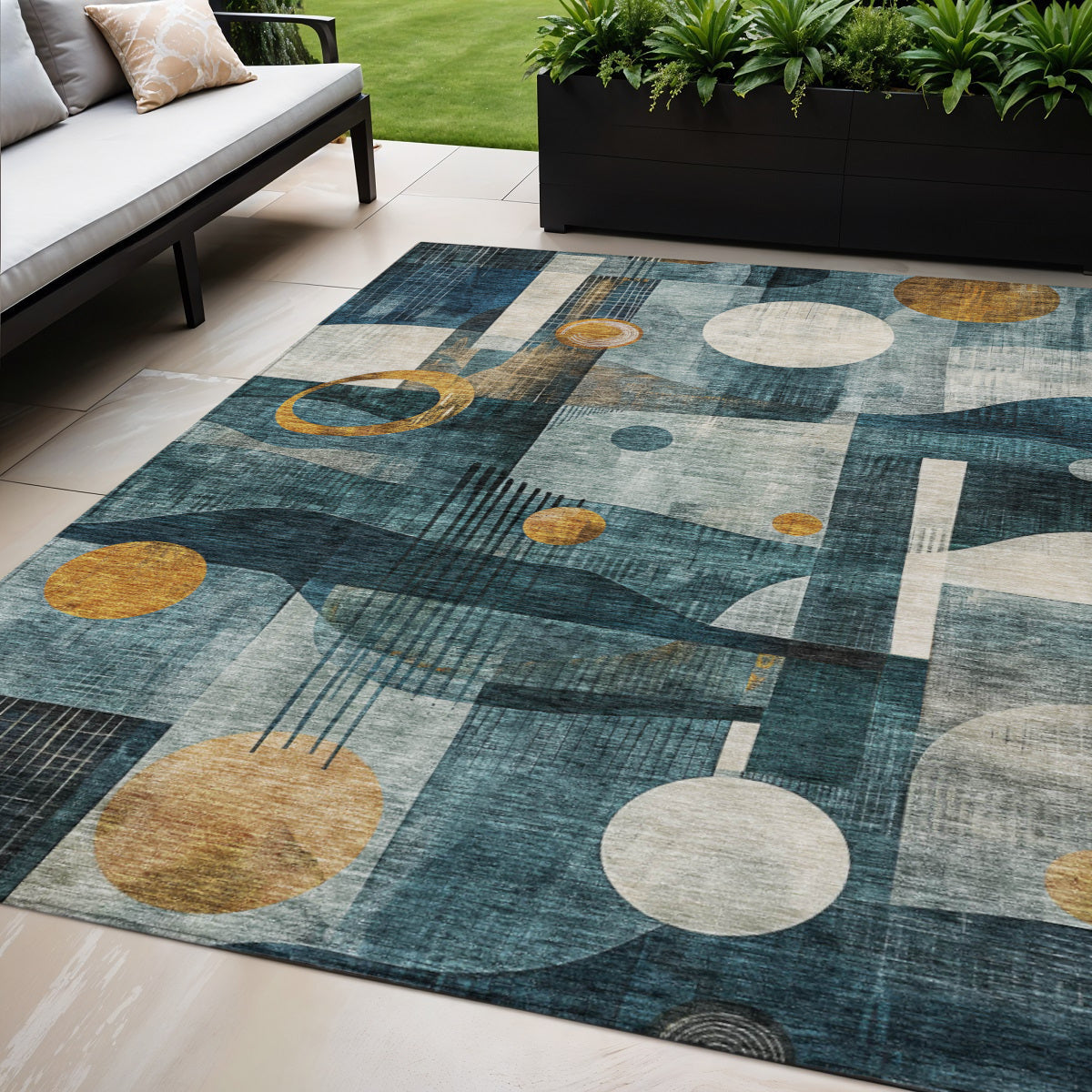 5' X 8' Teal Blue Ivory And Gold Geometric Washable Indoor Outdoor Area Rug