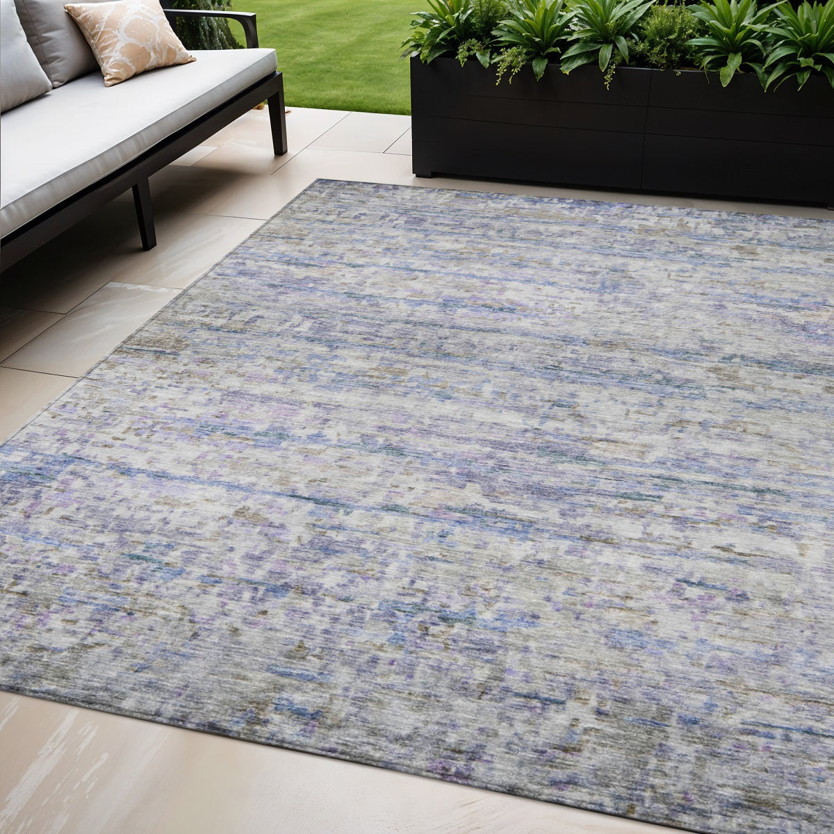5' X 8' Blue Gray And Purple Striped Washable Indoor Outdoor Area Rug