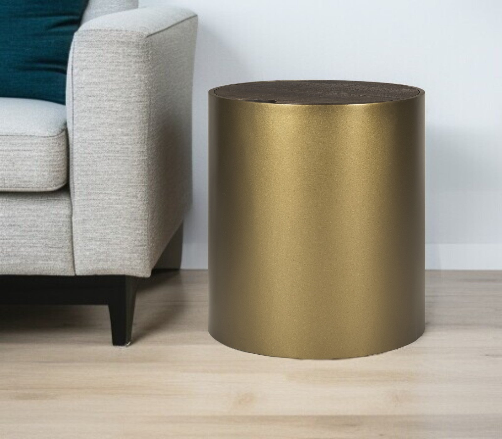 22'' Antiqued Gold And Brown Metal And Solid Wood Drum End Table With Storage