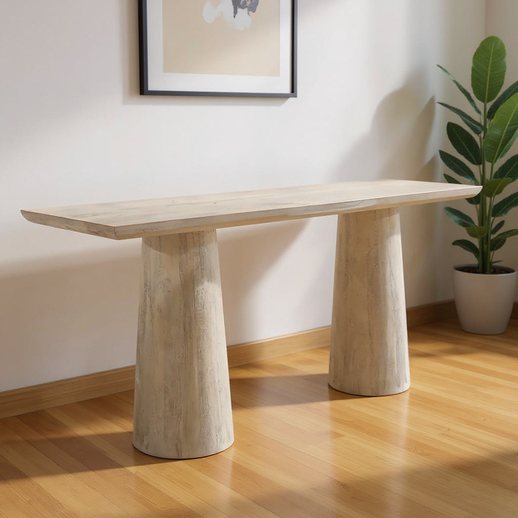 72 Natural Solid Wood Distressed Double Pedestal Console Table
