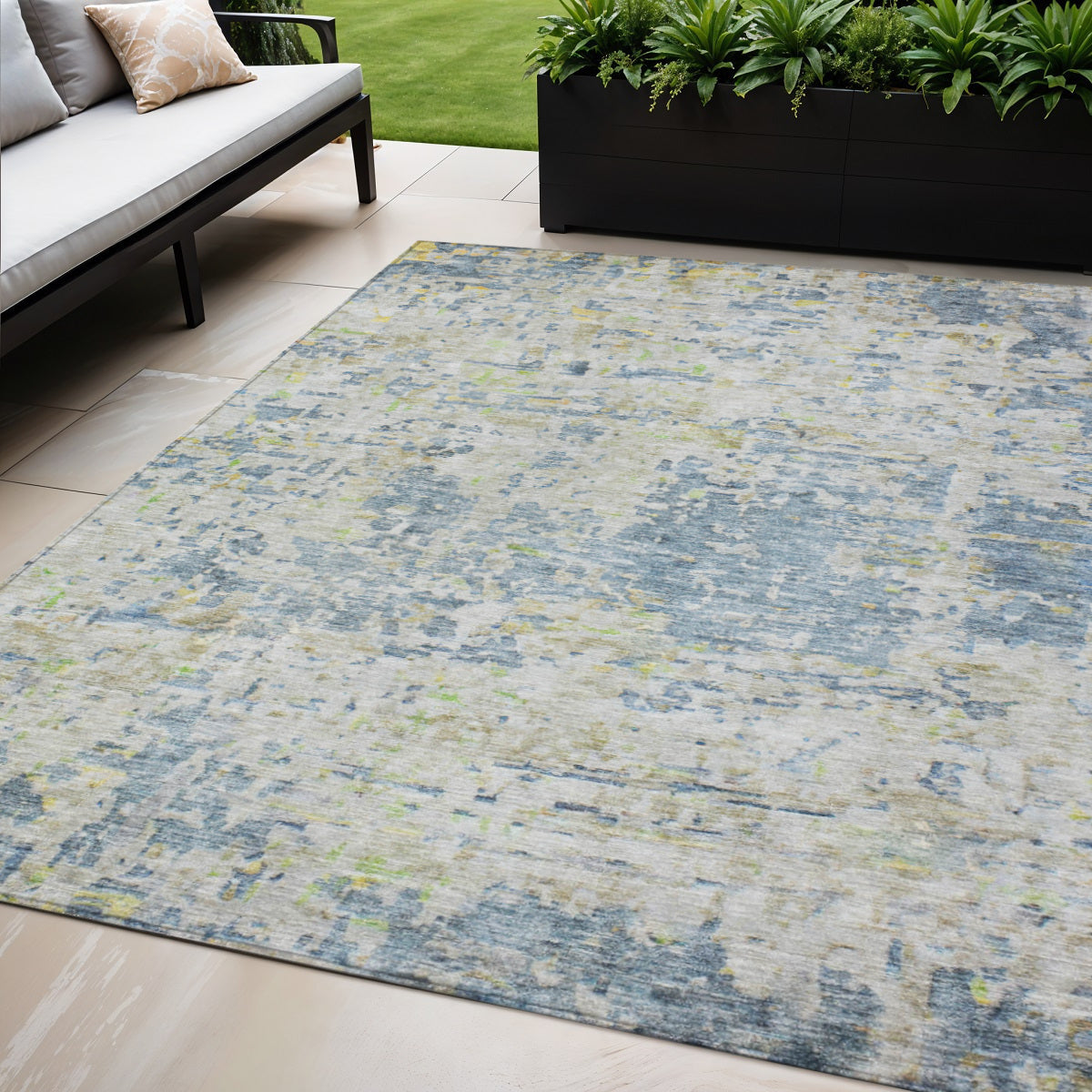 5' X 8' Blue Gray And Green Abstract Washable Indoor Outdoor Area Rug