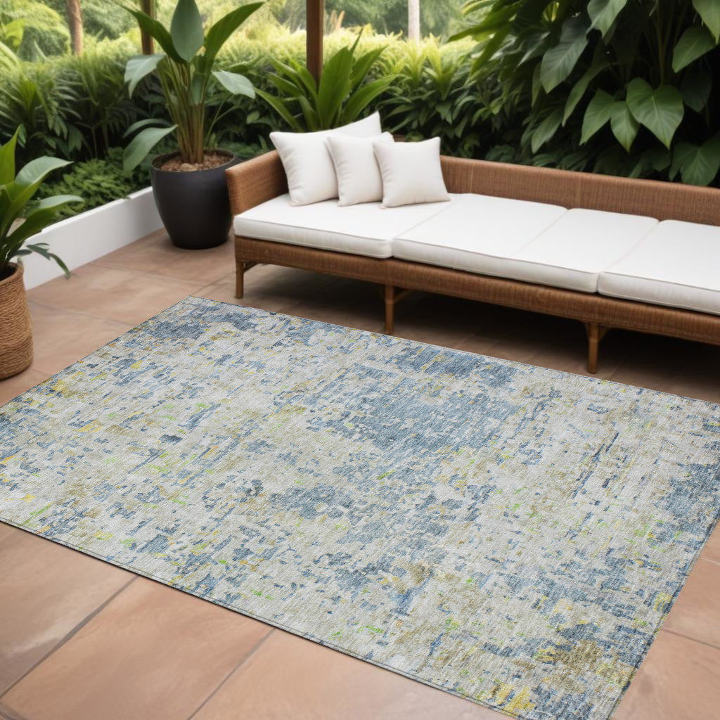 10' X 14' Blue Gray And Green Abstract Washable Indoor Outdoor Area Rug