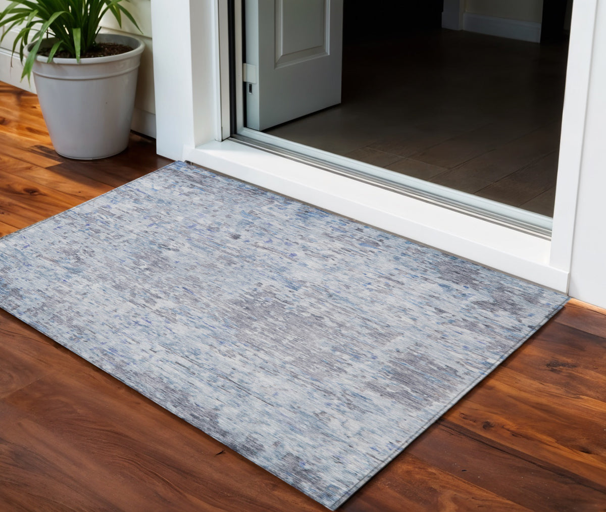 3' X 5' Sky Blue Charcoal And Ivory Abstract Washable Indoor Outdoor Area Rug