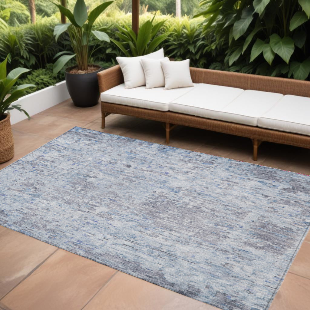 9' X 12' Sky Blue Charcoal And Ivory Abstract Washable Indoor Outdoor Area Rug